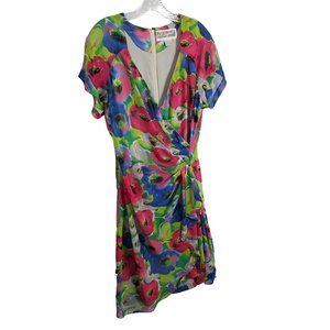 Pat Argenti Boutique Size 12 Dress Bright Floral Surplice Ruched Ruffle Chiffon